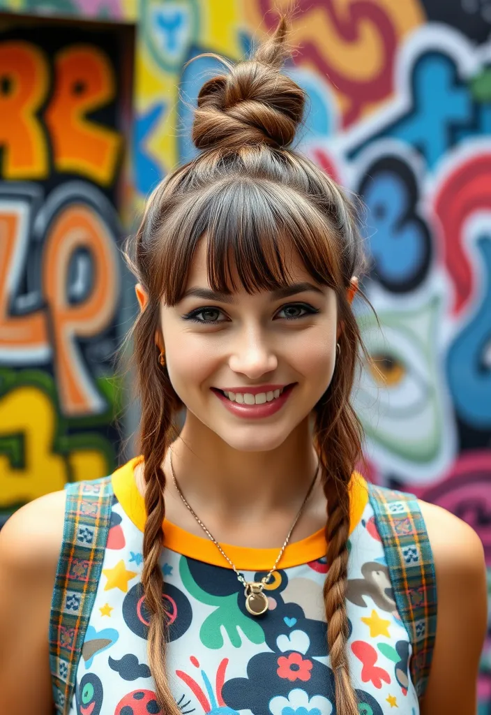 21 Half Up Half Down Hairstyles You'll Want to Try Right Now! (Number 8 Is a Game Changer!) - 11. Half Up Top Knot with Bangs